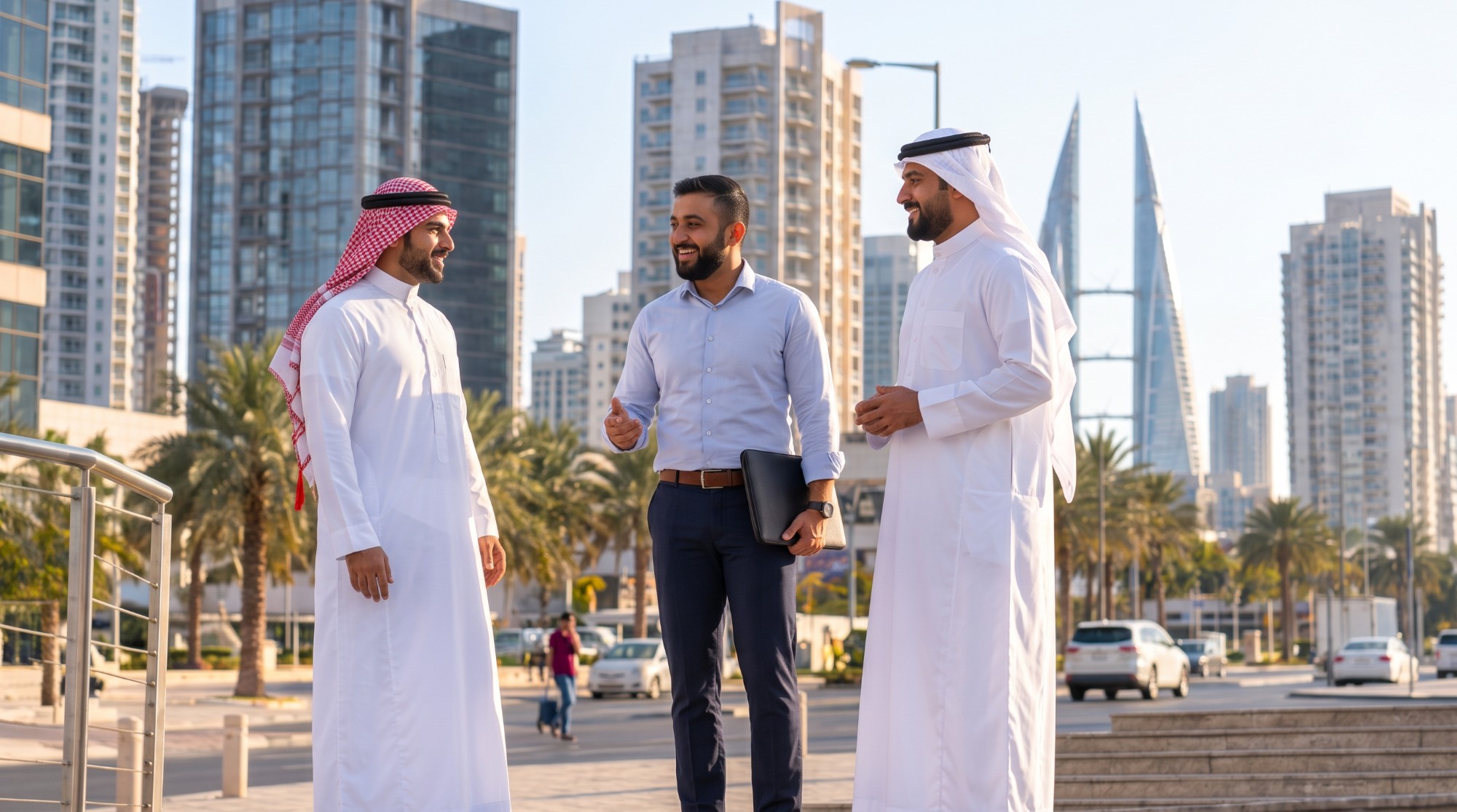 Ewan team talking in front of the Manama skyline
